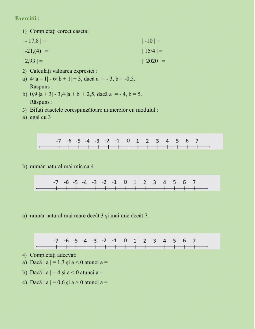 Modulul numărului rațional. Fișă de lucru