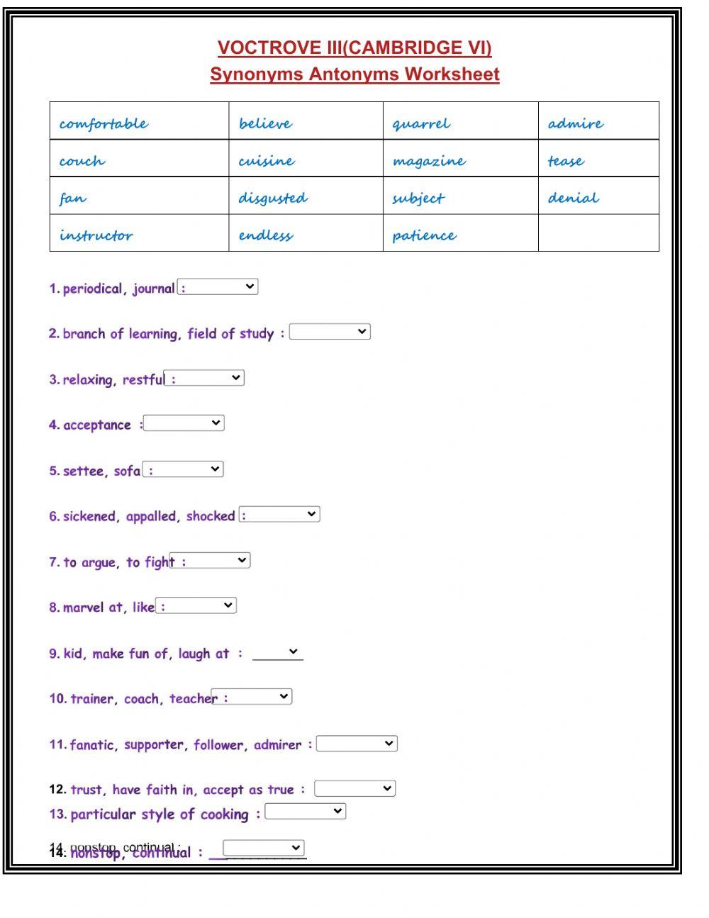 Vocabulary (Antonyms & Synonyms)
