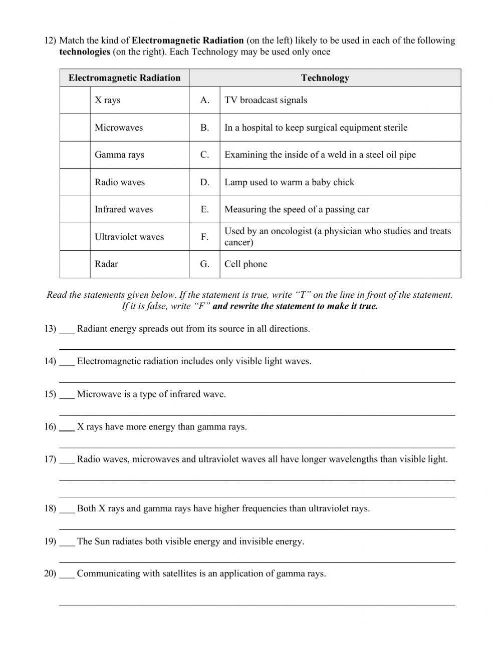 EM Spectrum Worksheet