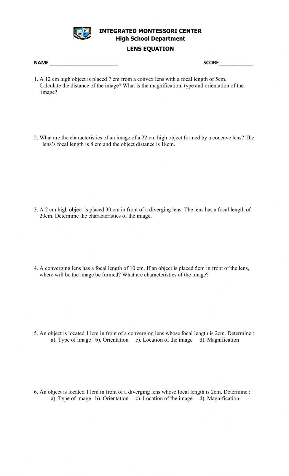 Lens Equation worksheet Live Worksheets