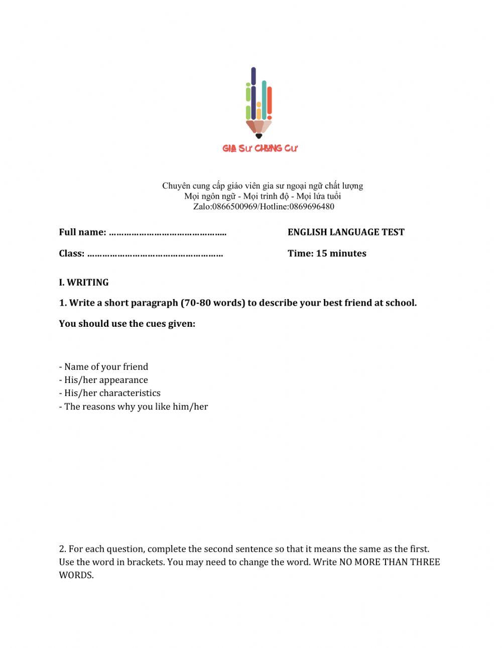 Lớp 6 - Unit 3 MY FRIENDS-WRITING