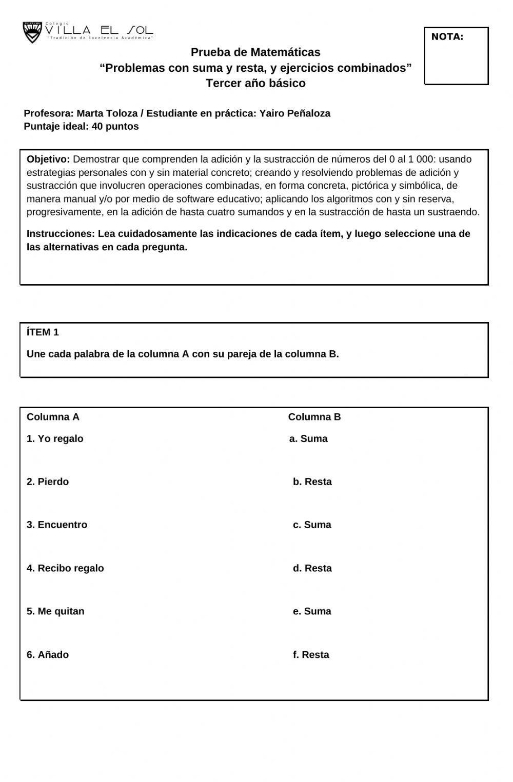 Evaluación Matemáticas - Tercero Básico - Agosto 2020