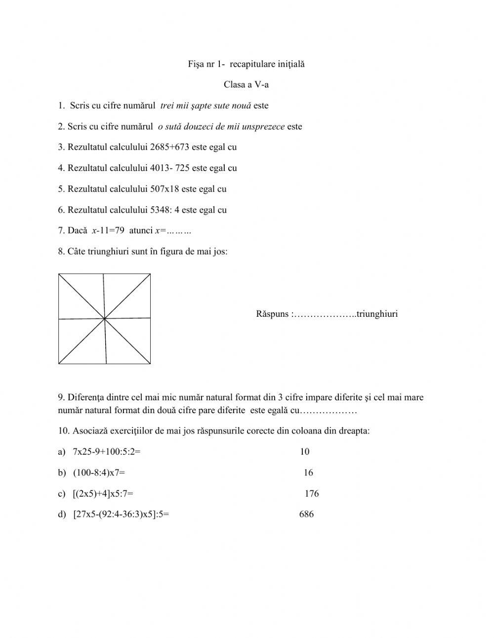 Fisa nr.1 recapitulare initiala clasa V