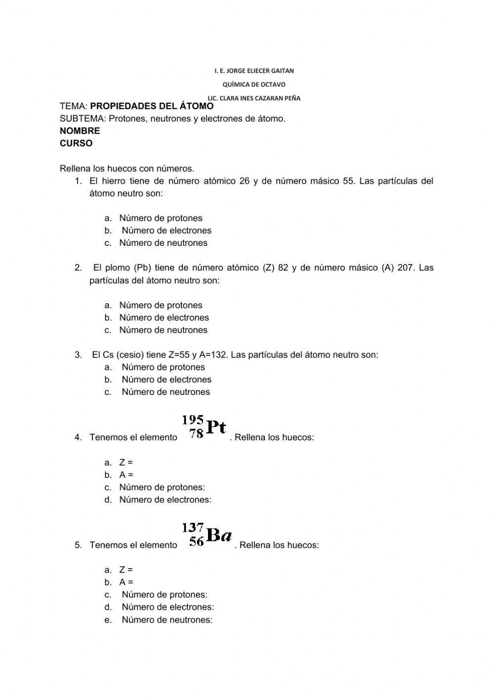 Ejercicio práctico propiedades del átomo