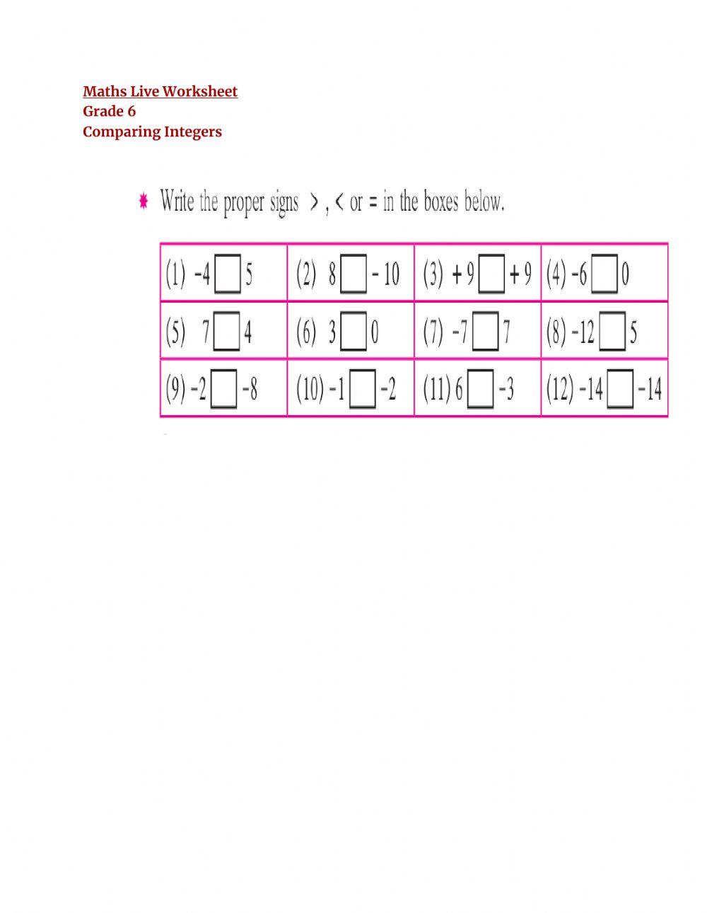 Comparing integers worksheet | Live Worksheets