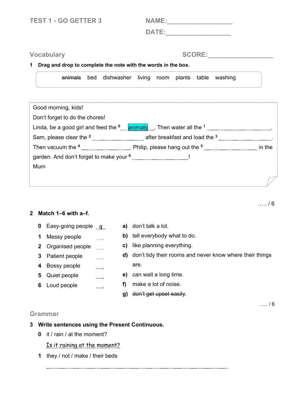 Test go getter 3 unit 1 online exercise for live worksheets