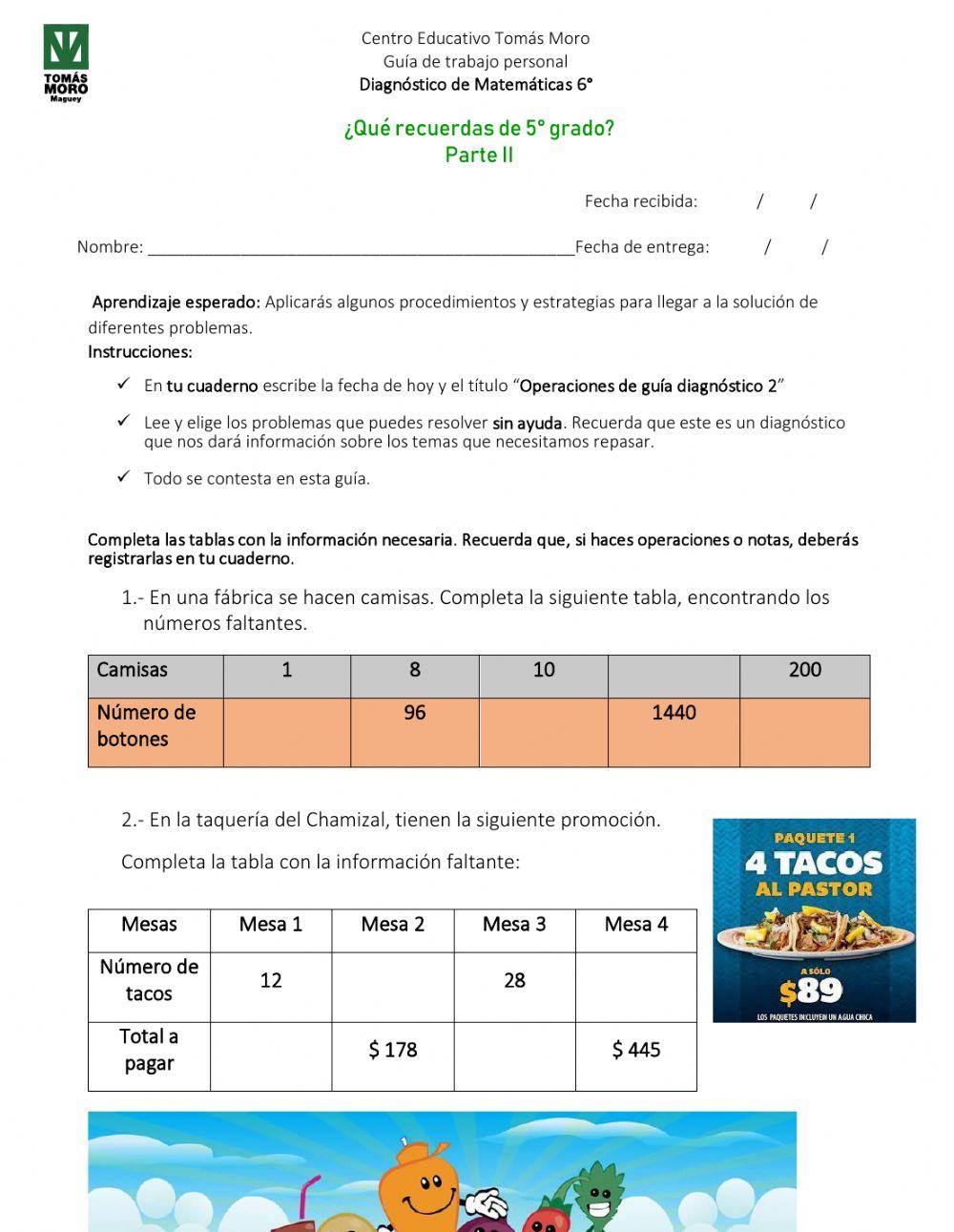 Diagnóstico Matemáticas 6°