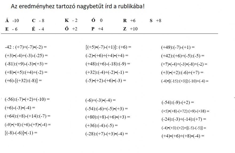 Egész számok műveleti sorrend