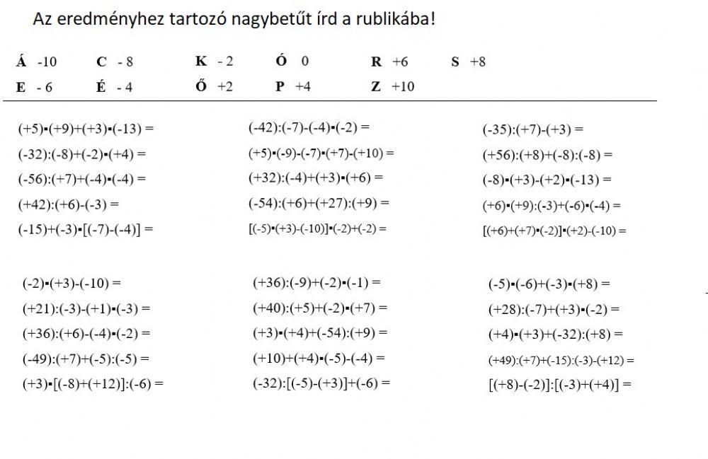 Egész számok műveleti sorrend