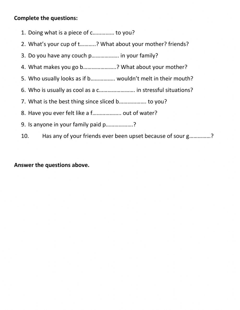 Food and drink idioms question gap-fill