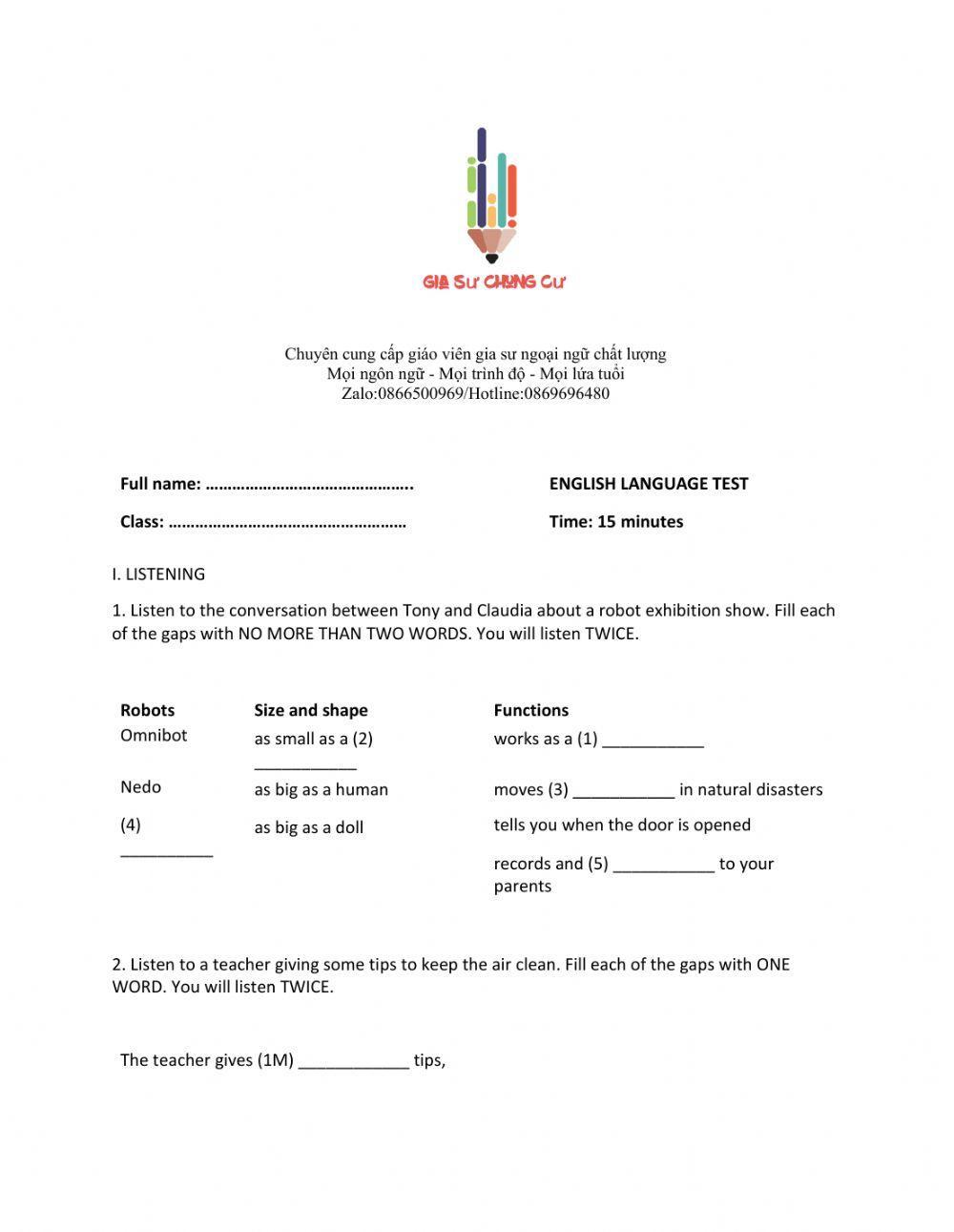 Lớp 6 - Unit 12 ROBOTS - LISTENING