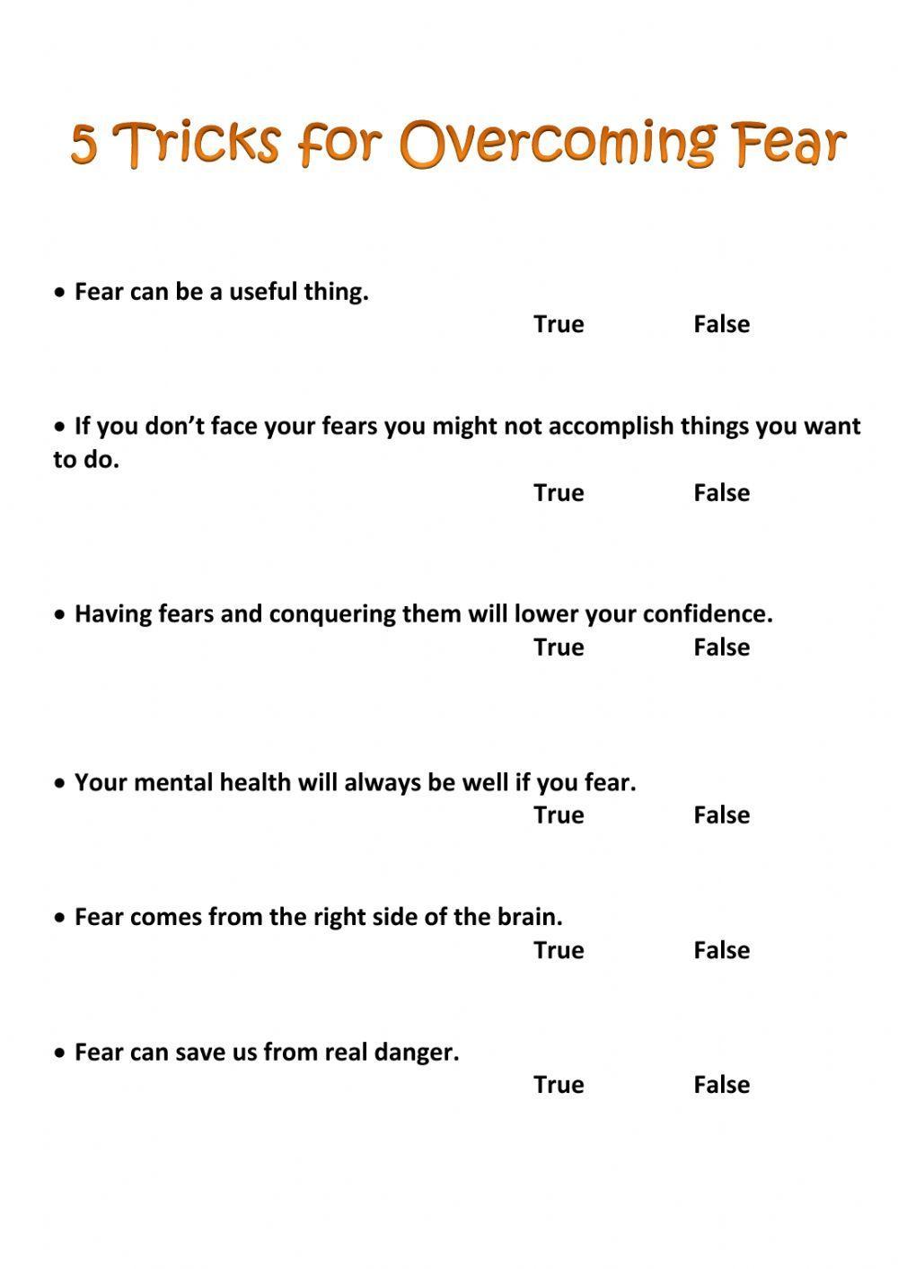 Conquering your fears worksheet live worksheets