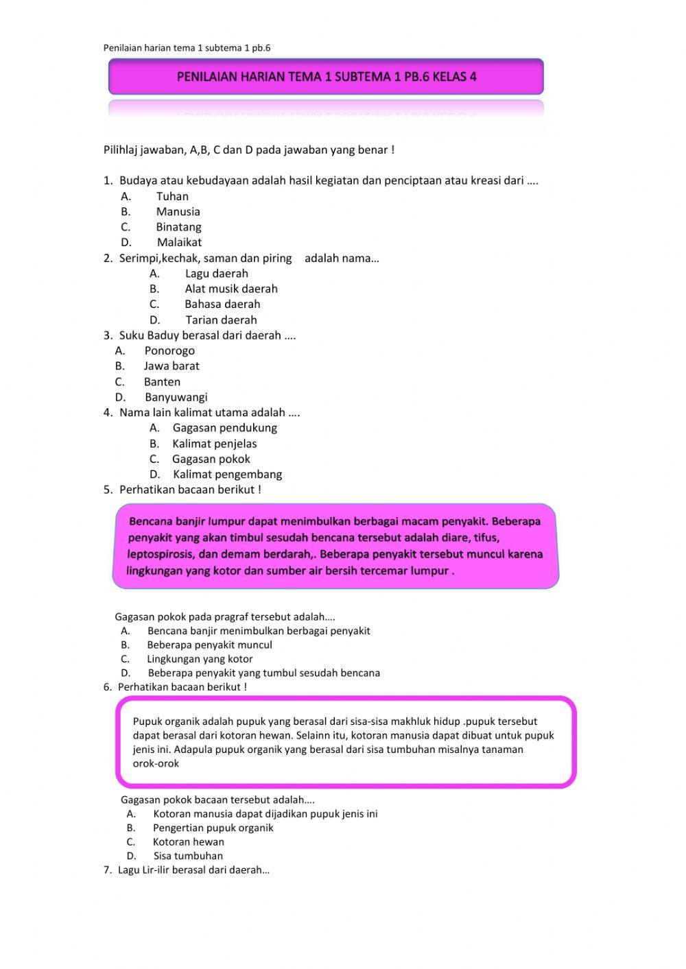 Penilaian Harian Tema 1 subtema 1 PB.6