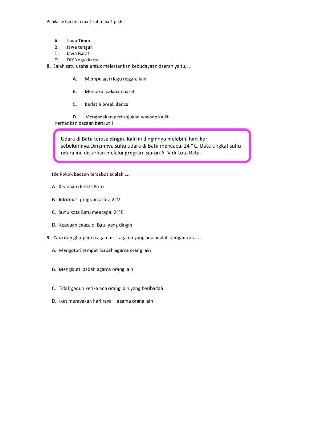 Penilaian Harian Tema 1 subtema 1 PB.6