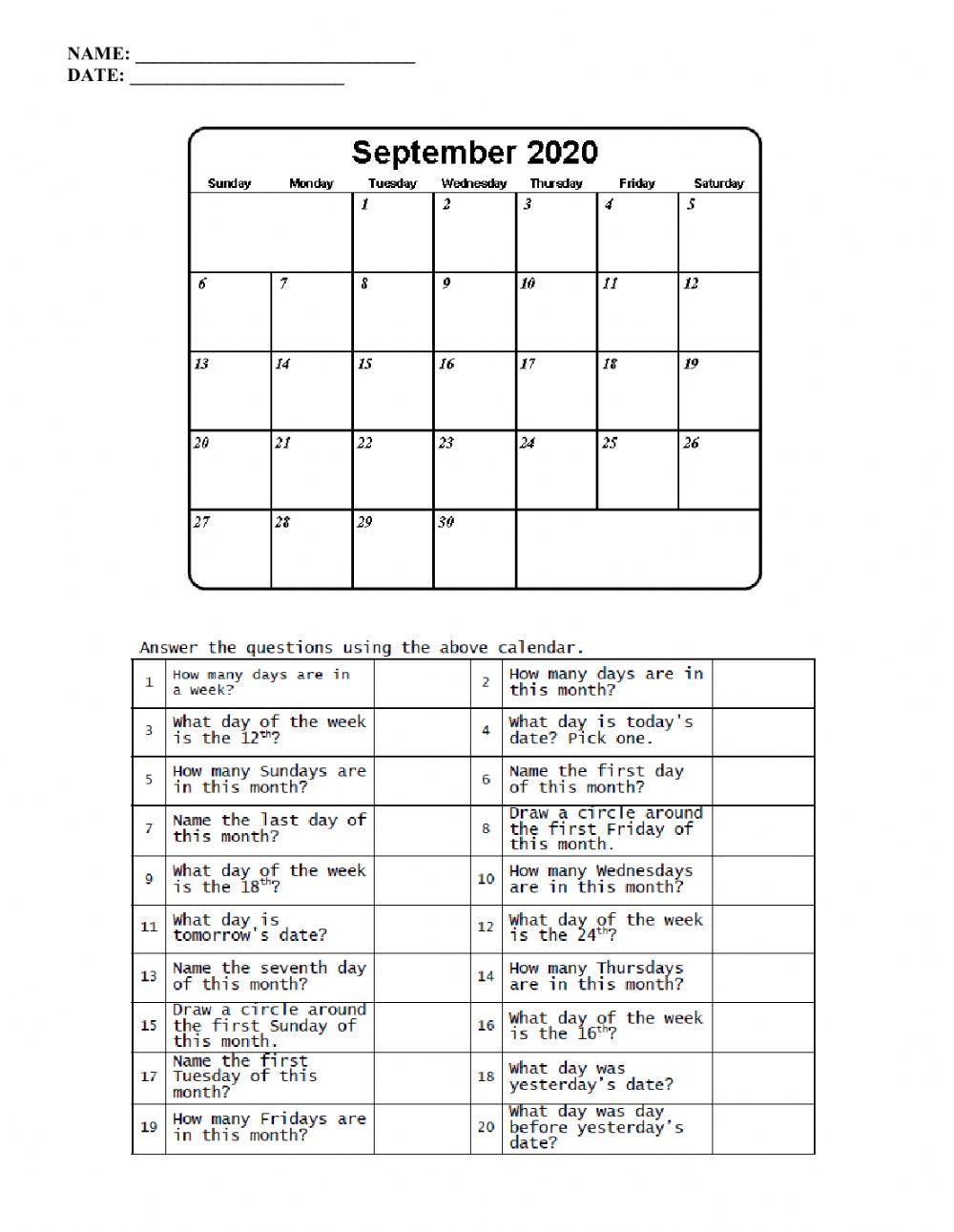 Calendar Math - September 2020