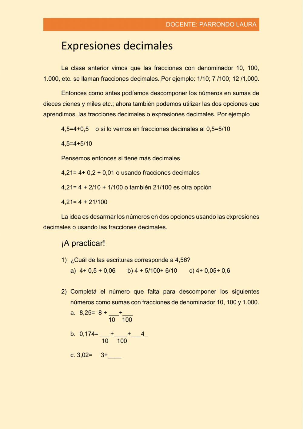 Expresiones decimales y descomposición