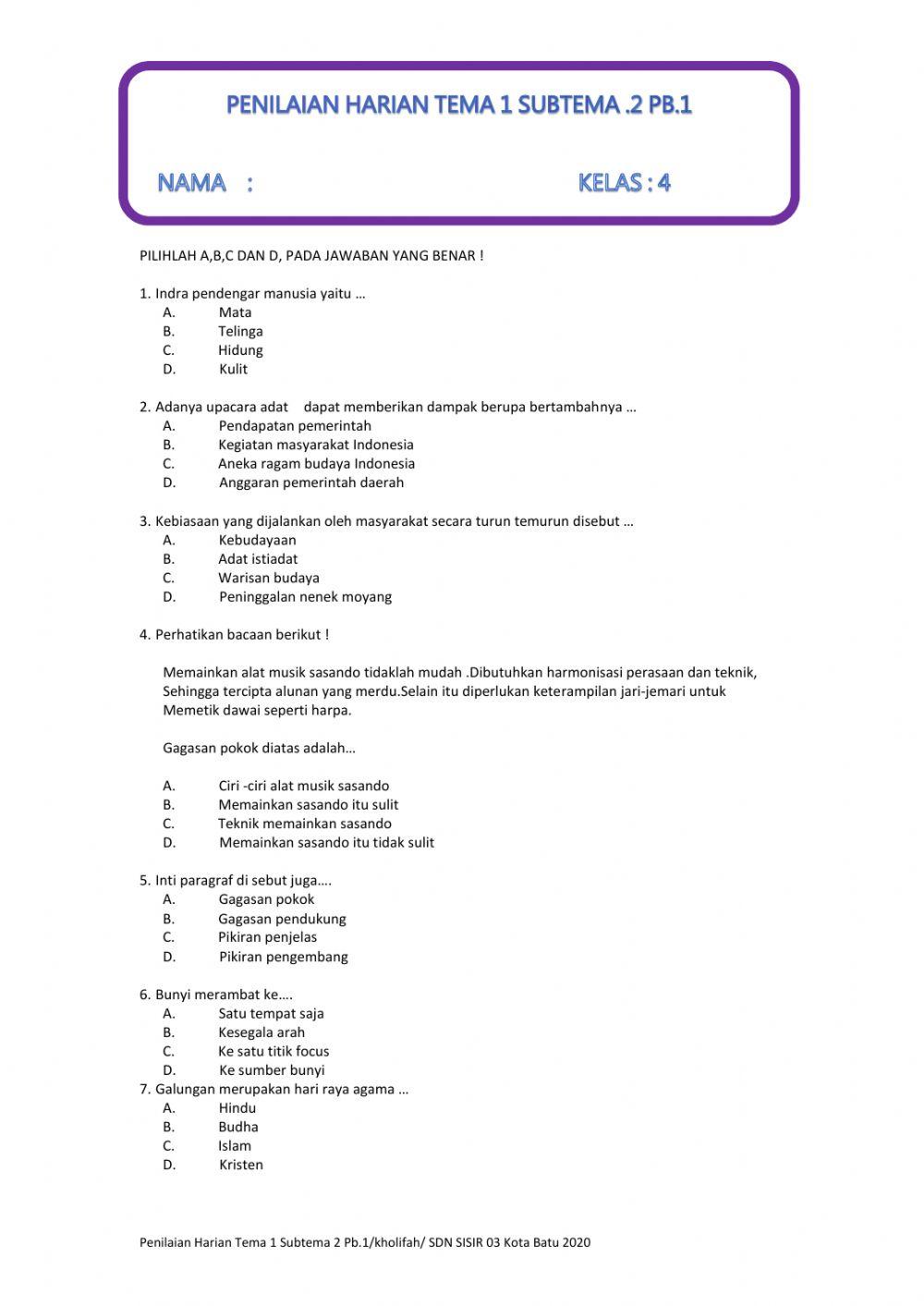 Penilaian Harian Tema 1 Subtema2  PB.1