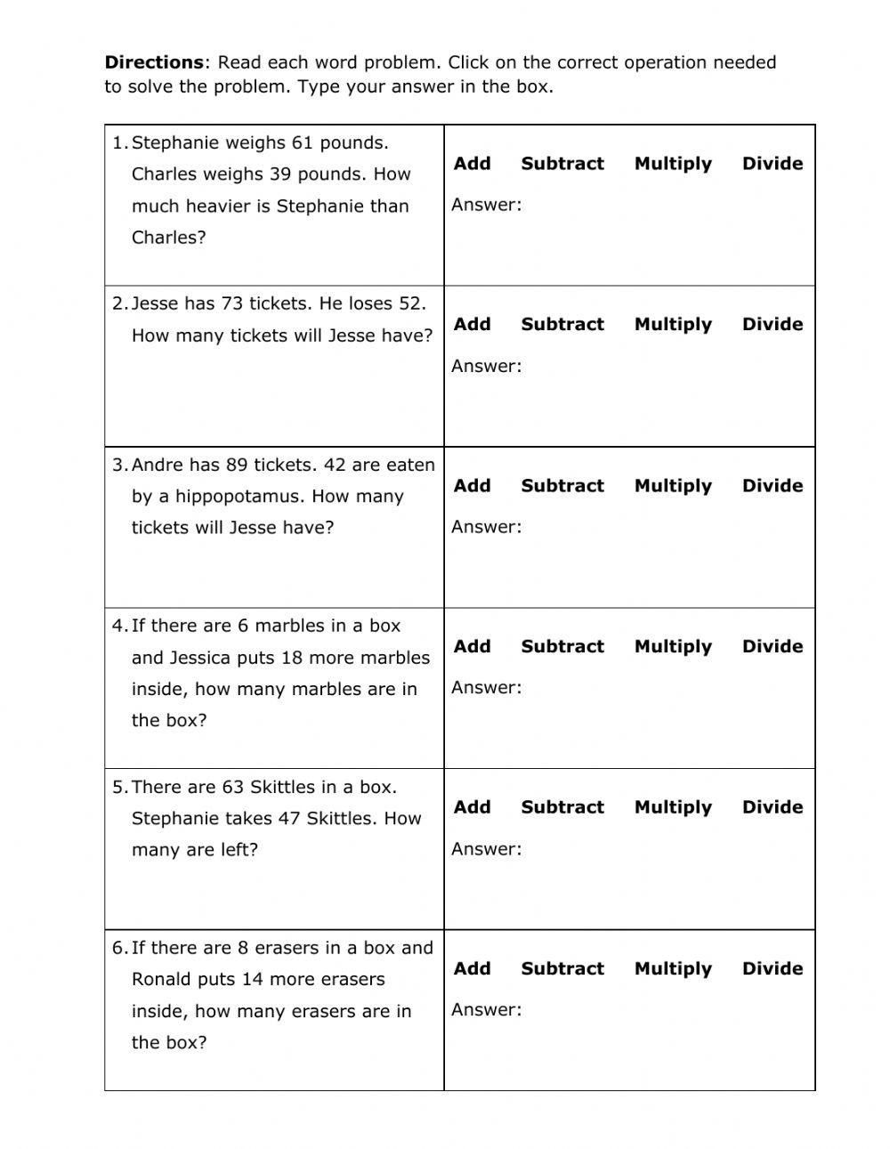 Single Step Word Problems Single Step Word Problems