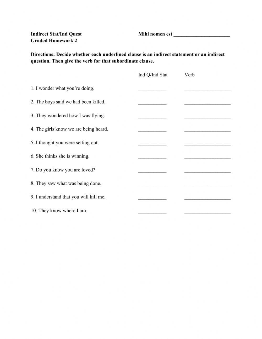 Indirect statement or question