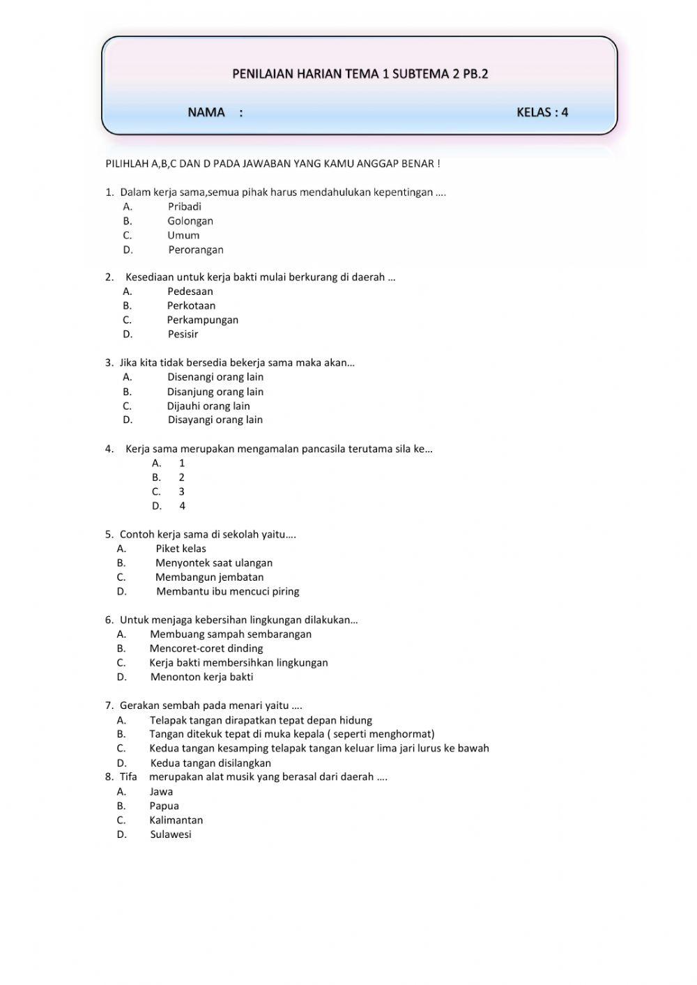 Penilaian Harian Tema 1 Subtema 2 PB.2