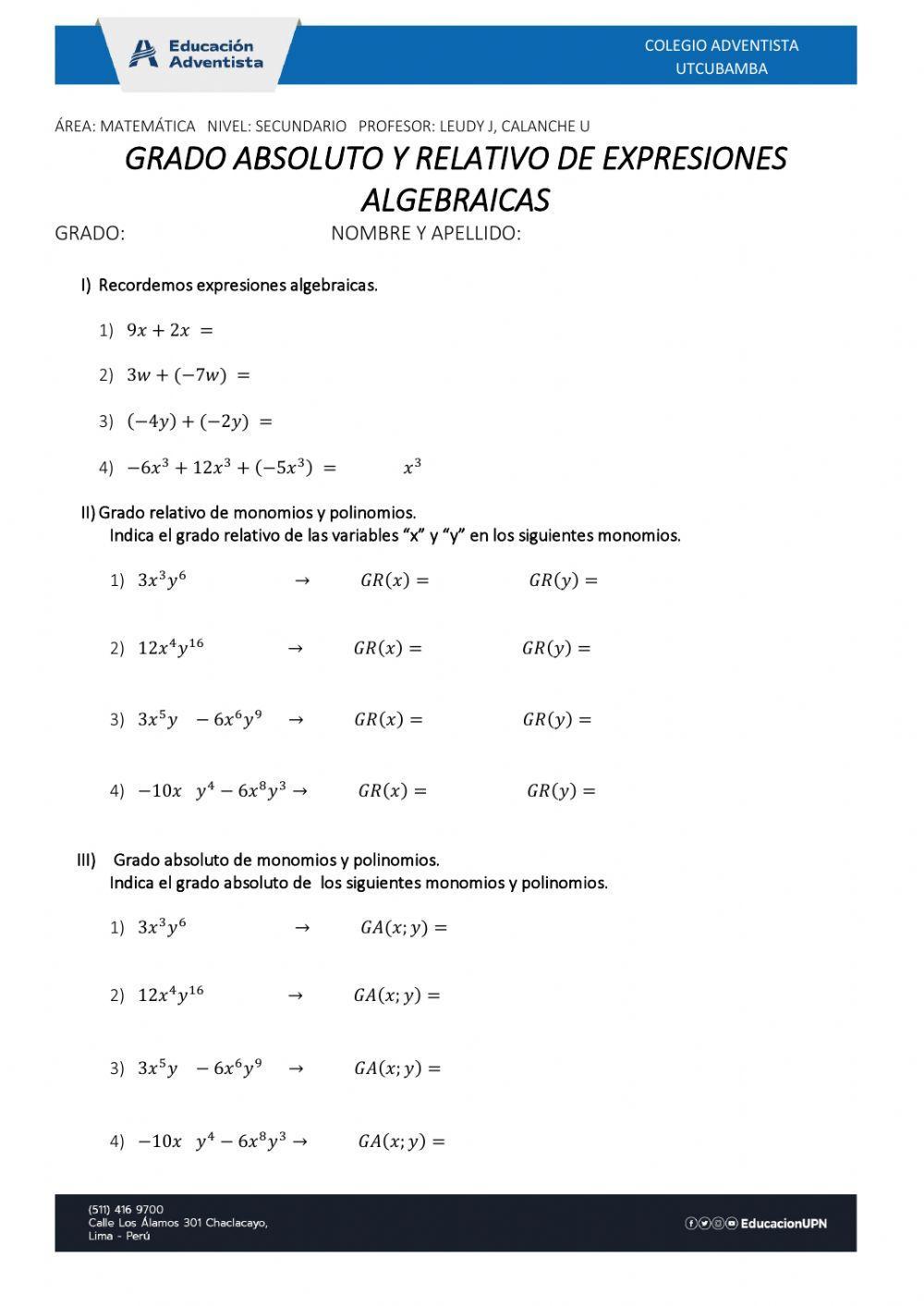 Grado absoluto y relativo de una expresión algebraica