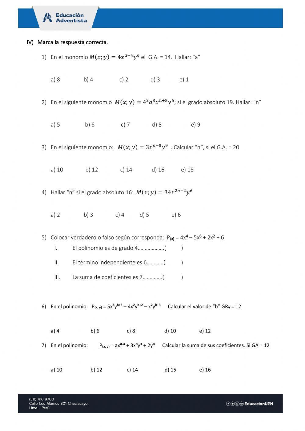 Grado absoluto y relativo de una expresión algebraica