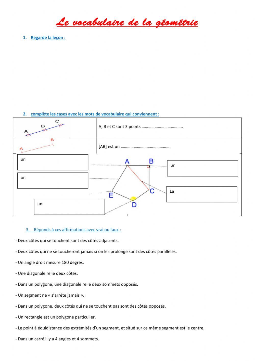 Le vocabulaire de la géométrie