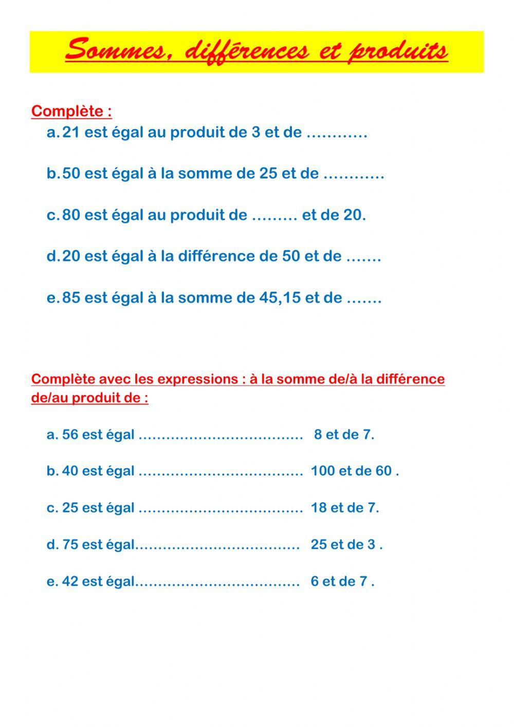 Somme différence et produit : vocabulaire numération