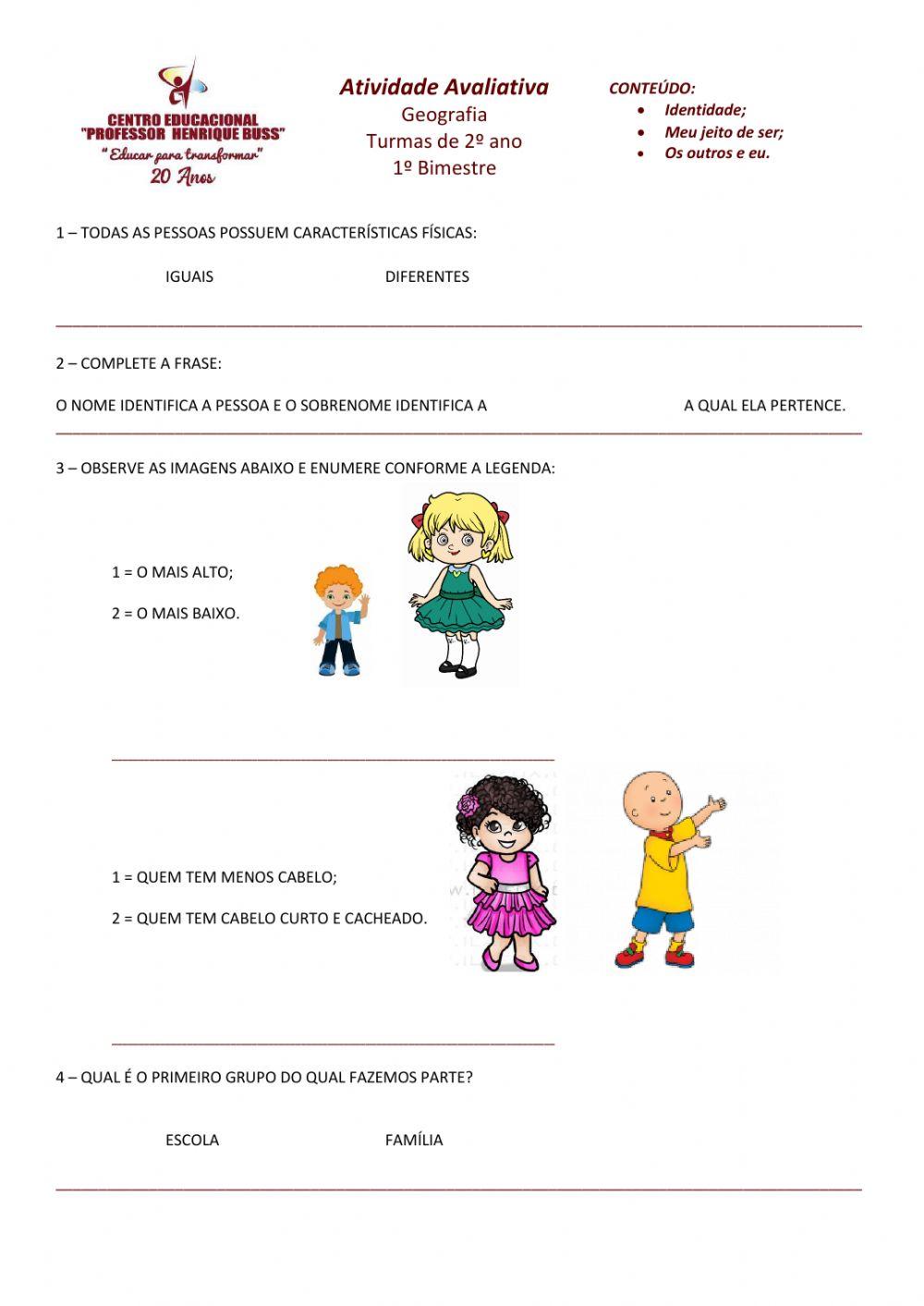 Avaliação de Geografia 1º bimestre