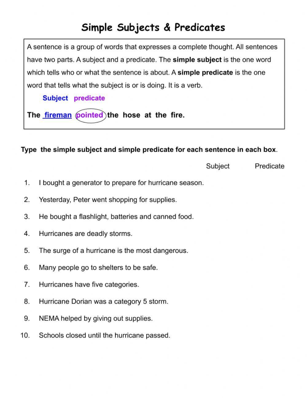Simple subjects & simple predicate worksheet | Live Worksheets Simple subjects & simple predicate worksheet | Live Worksheets