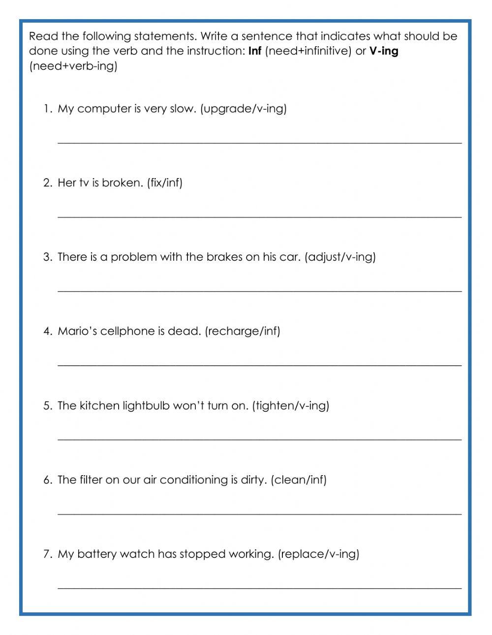 Need + infinitive or v-ing