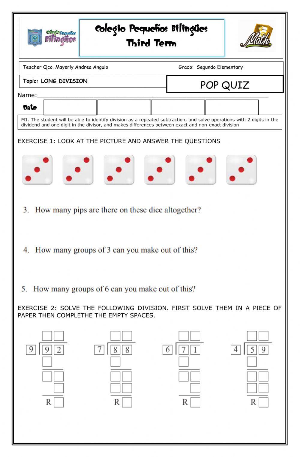 Quiz -division- second grade-third term-2020