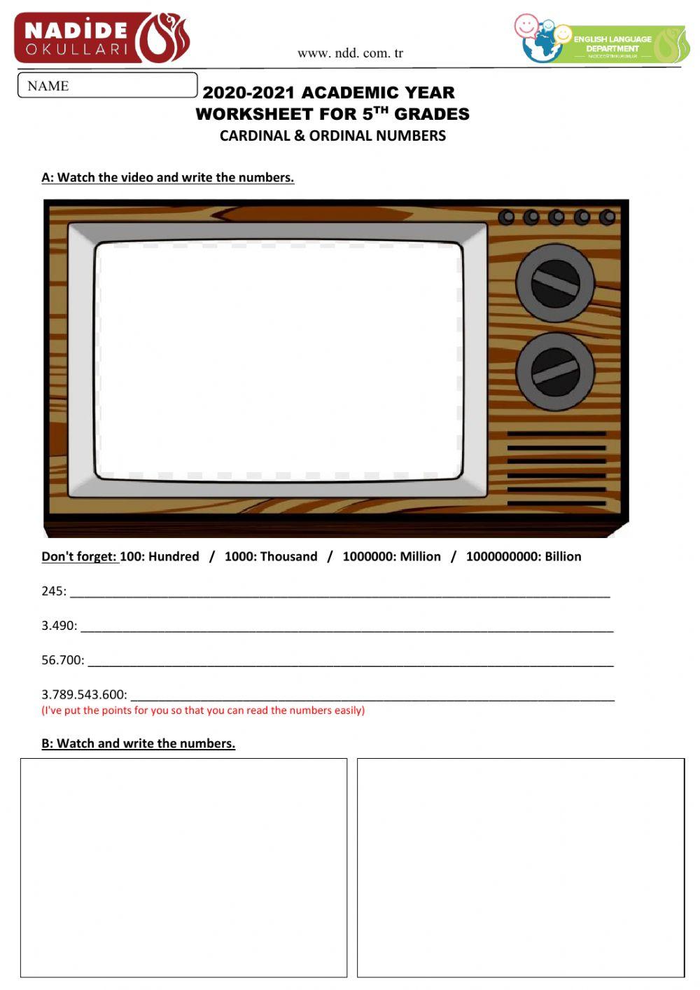 5th Grades Ordinal Cardinal Numbers