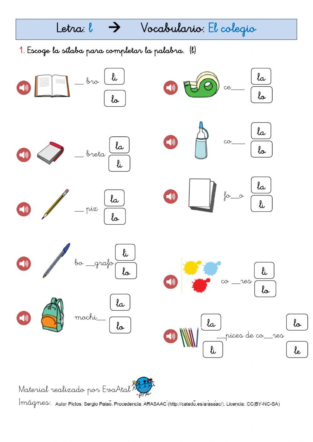 Letra L Vocabulario colegio