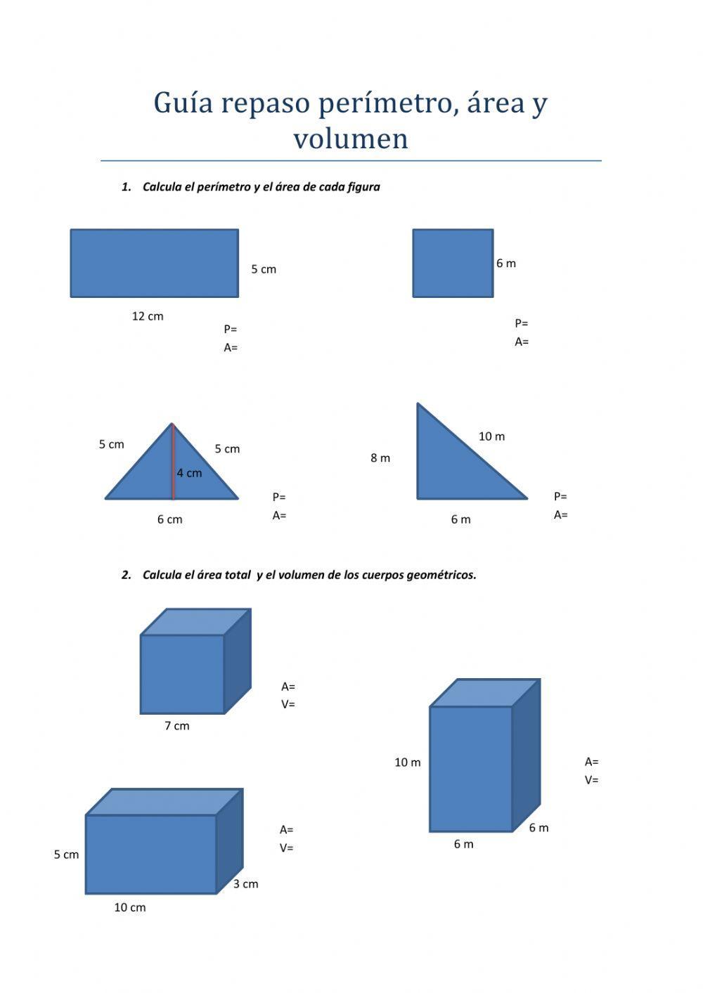 Guía repaso perímetro, área y volumen