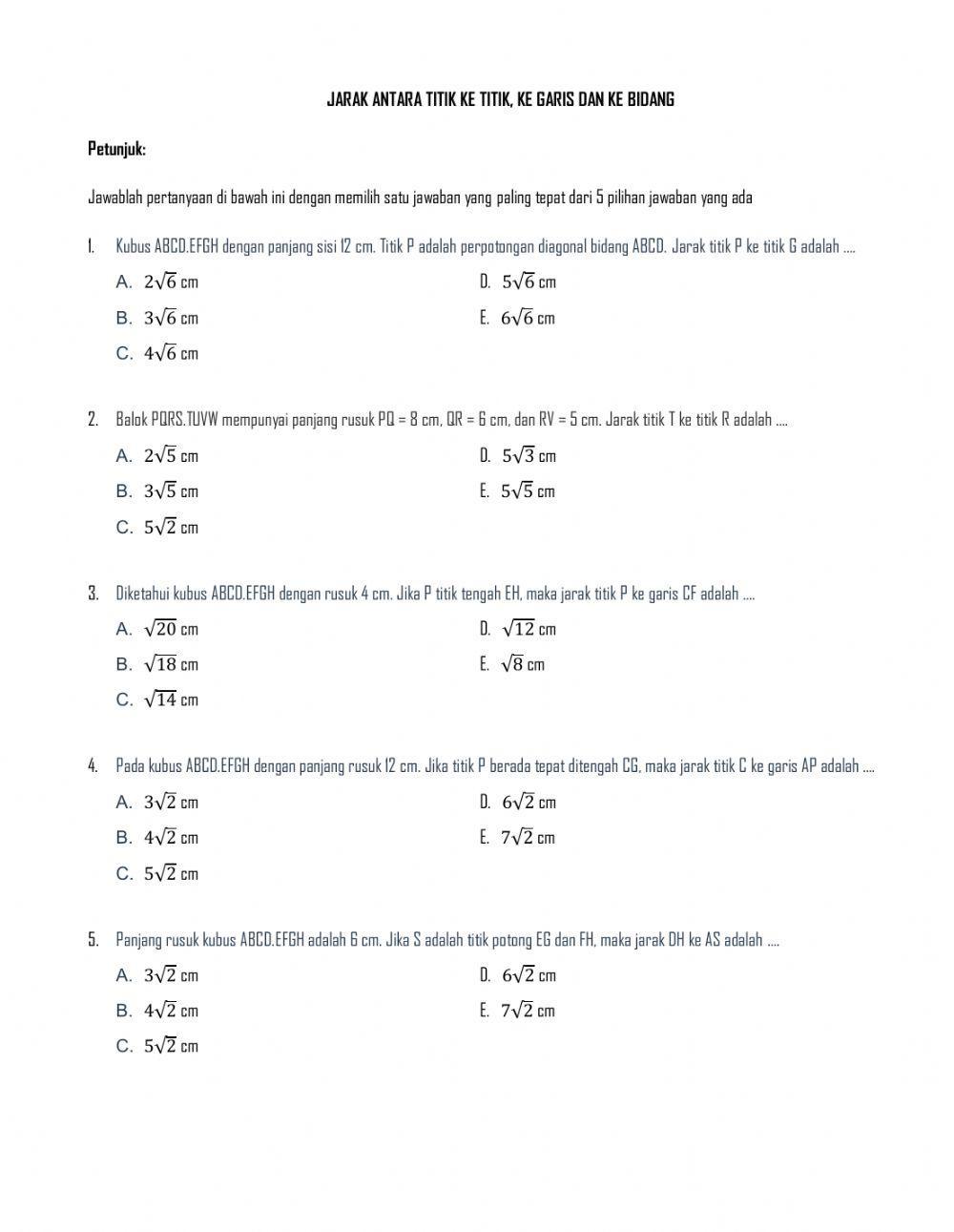 Jarak titik ke titik, ke garis dan ke bidang