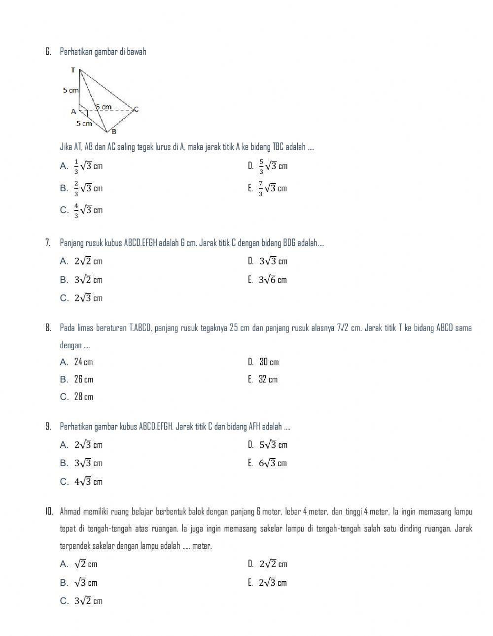 Jarak titik ke titik, ke garis dan ke bidang