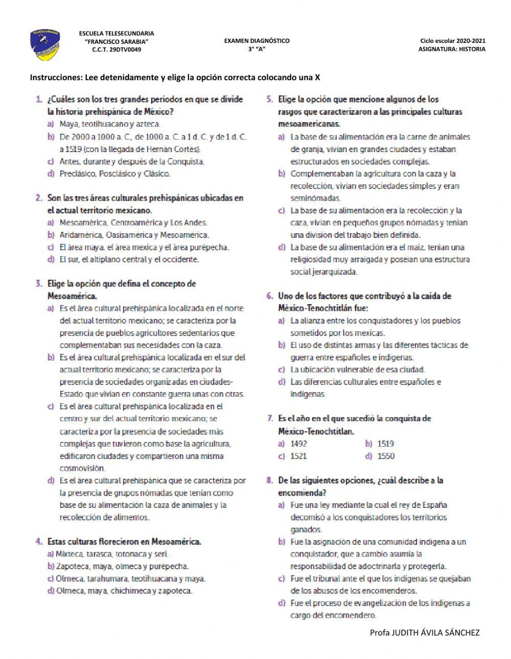 Evaluación diagnóstica Historia 3er grado