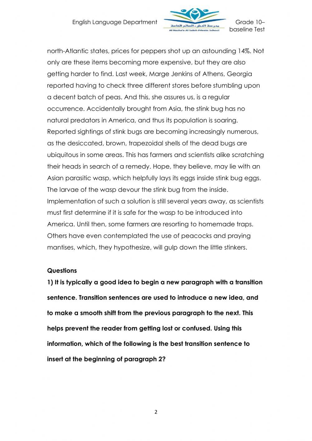 Reading baseline test- grade 10