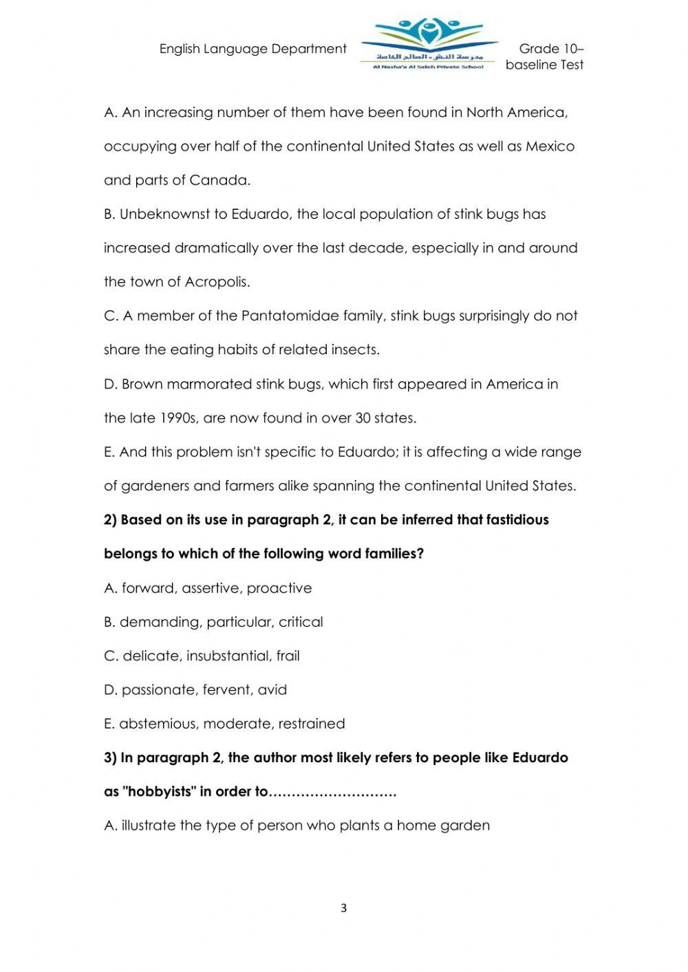 Reading baseline test- grade 10
