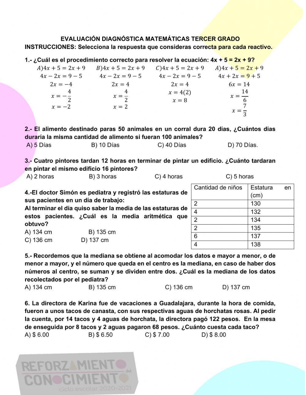 Evaluación diagnóstica 3ro de secundaria