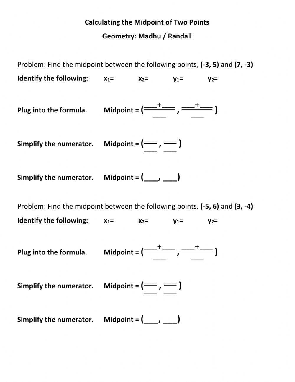 Midpoint Formula Worksheet