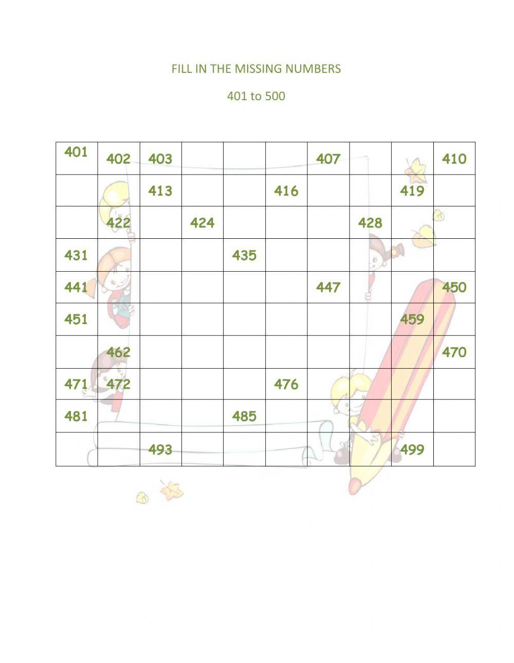 Fill in the Missing Numbers 401 to 500