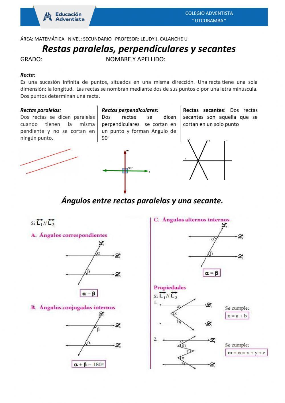 RECTAS PARALELAS, PERPENDICULARES Y SECANTES