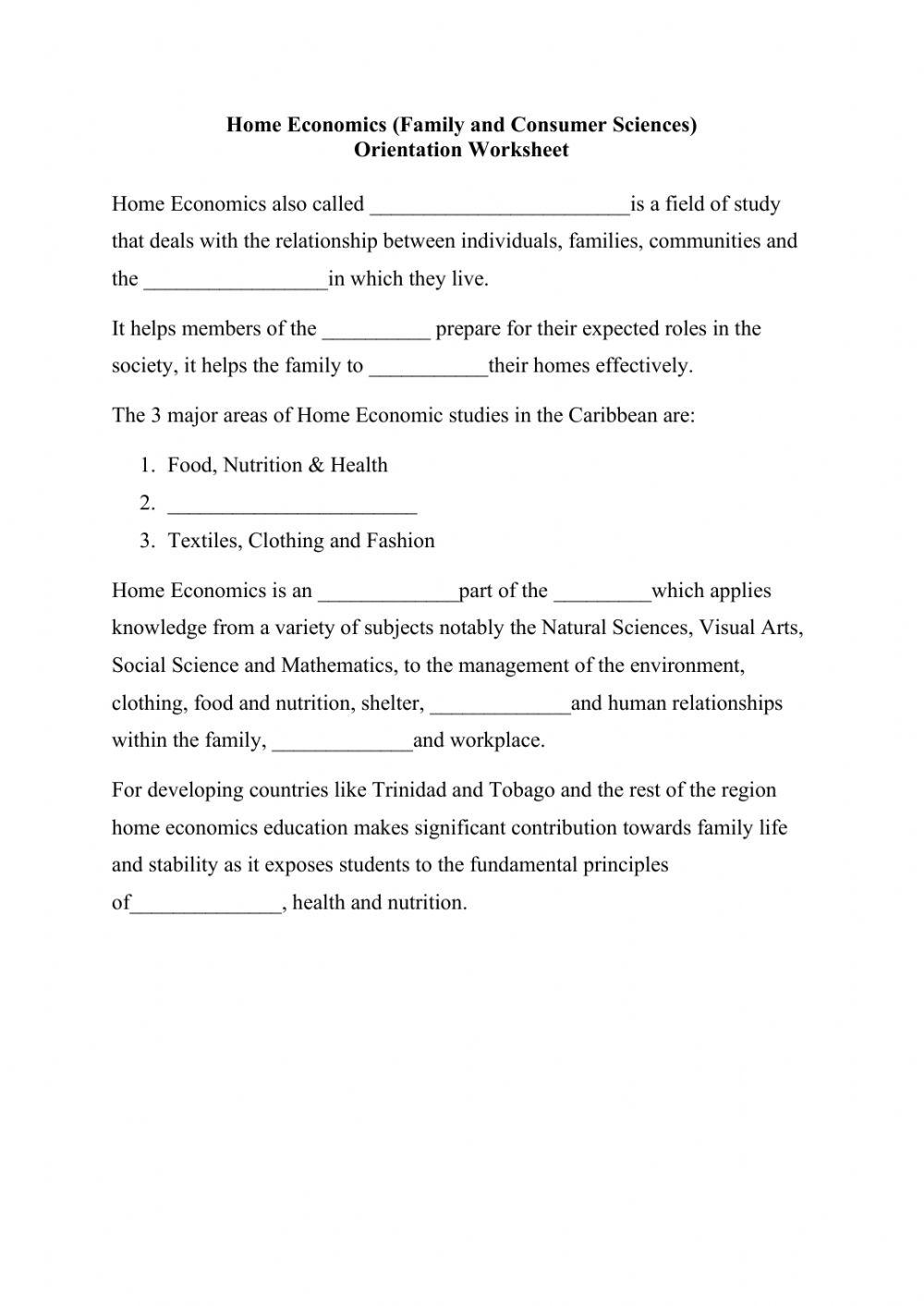 Home Economics Orientation Worksheet