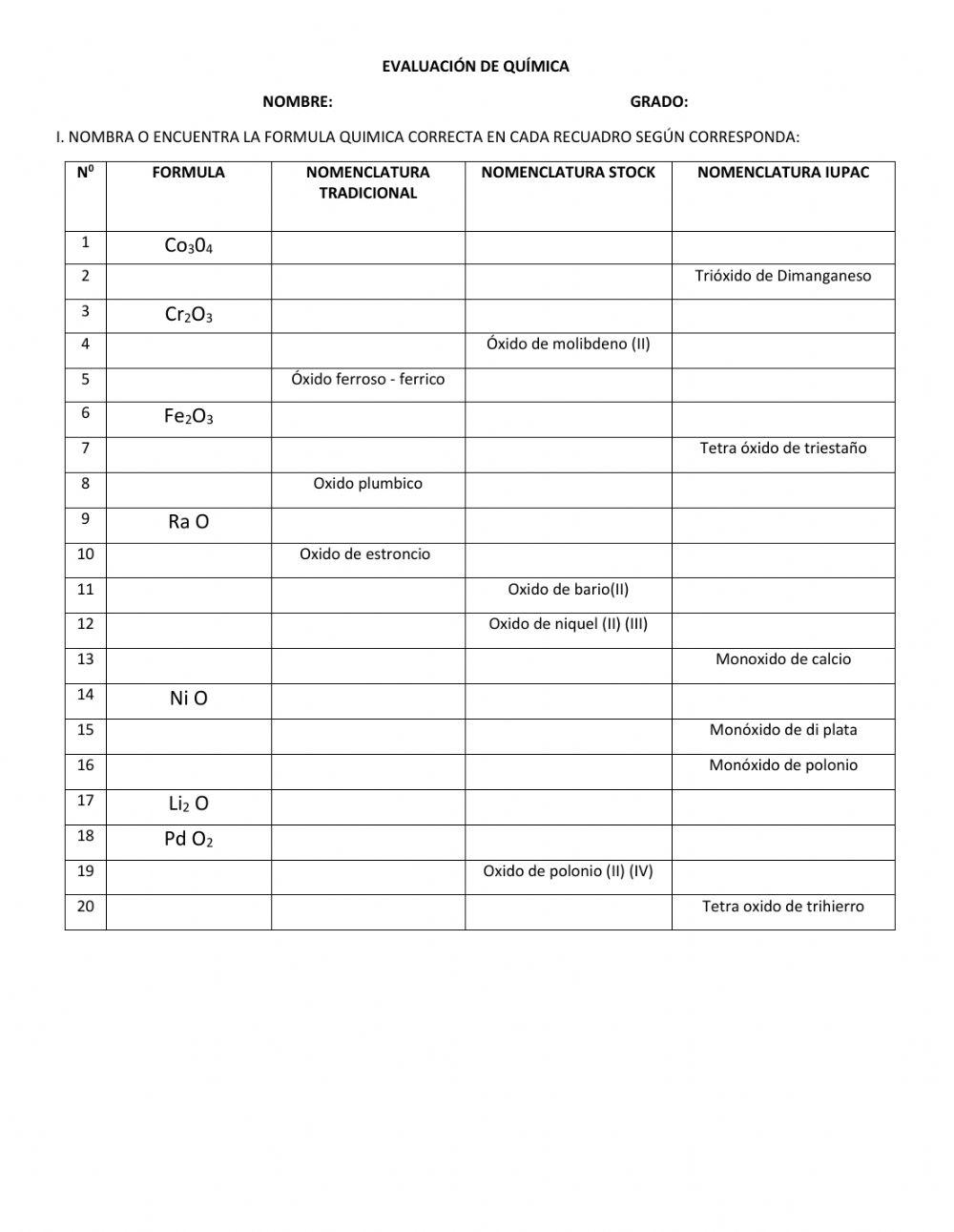 Evaluación de química los óxidos básicos