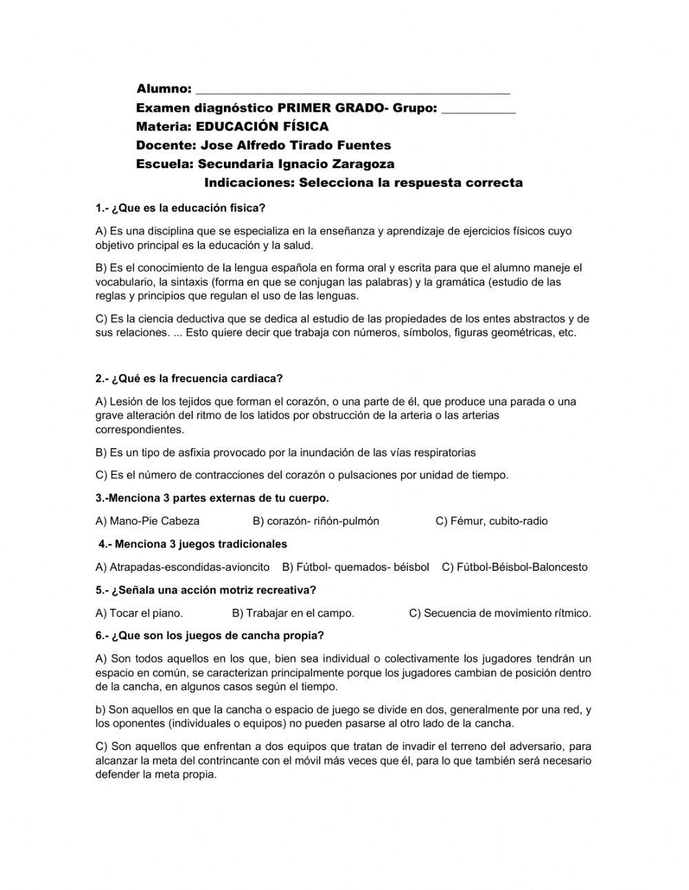 Examen de diagnostico educación física primero
