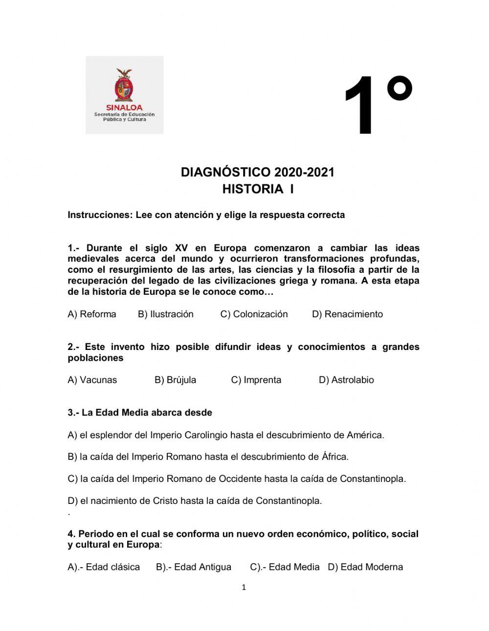 EXAMEN DIAGNÓSTICO DE HISTORIA 1