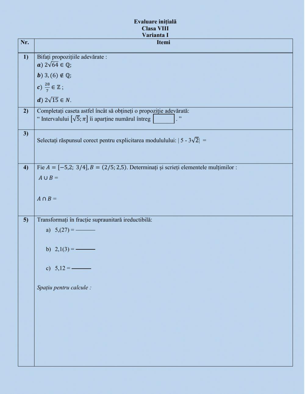 Evaluare inițială-clasaVIII-Varianta I