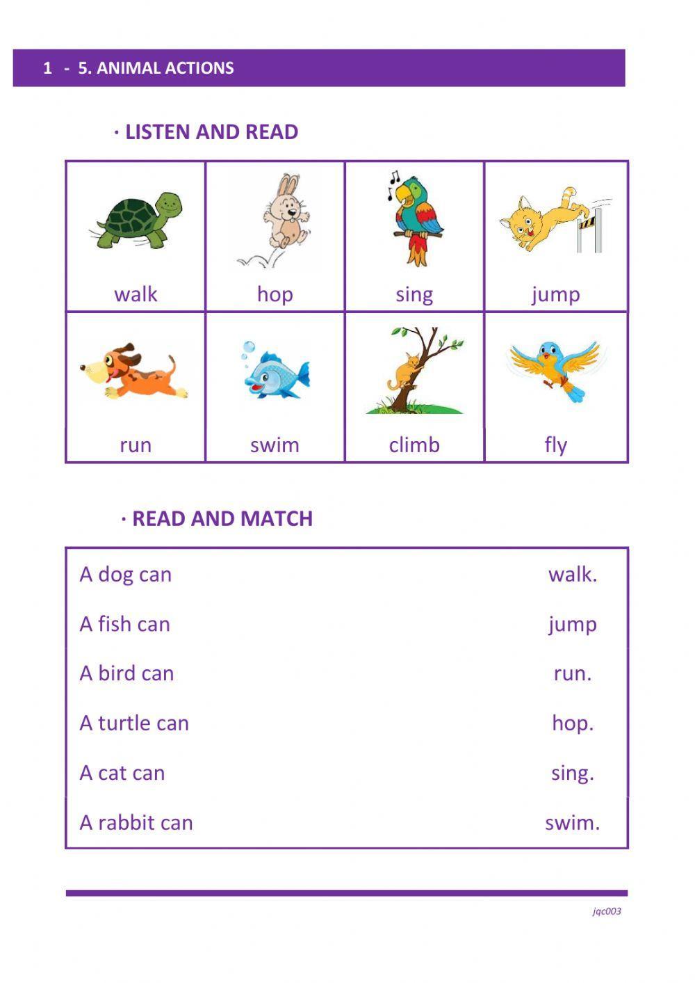 1-5. ANIMAL ACTIONS. LISTEN. READ AND MATCH